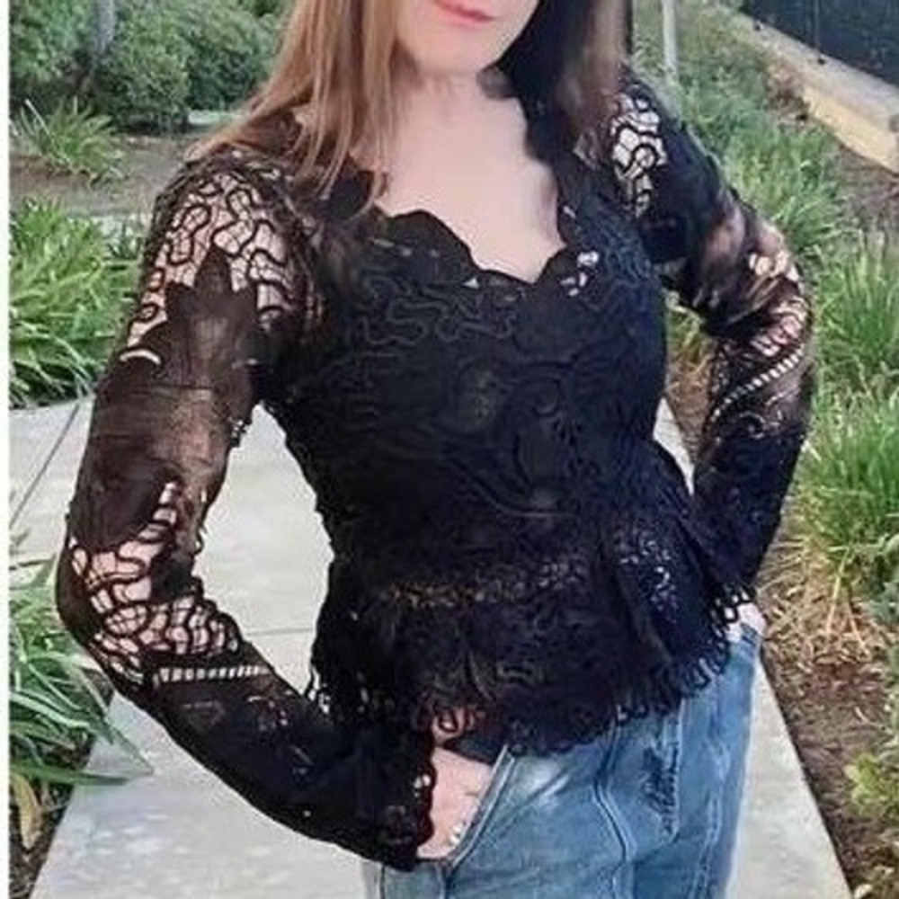 Sea New York Gianna Lace Top Black Eyelet Blouse Long Sleeve Women Sz 10 - Picture 3 of 12